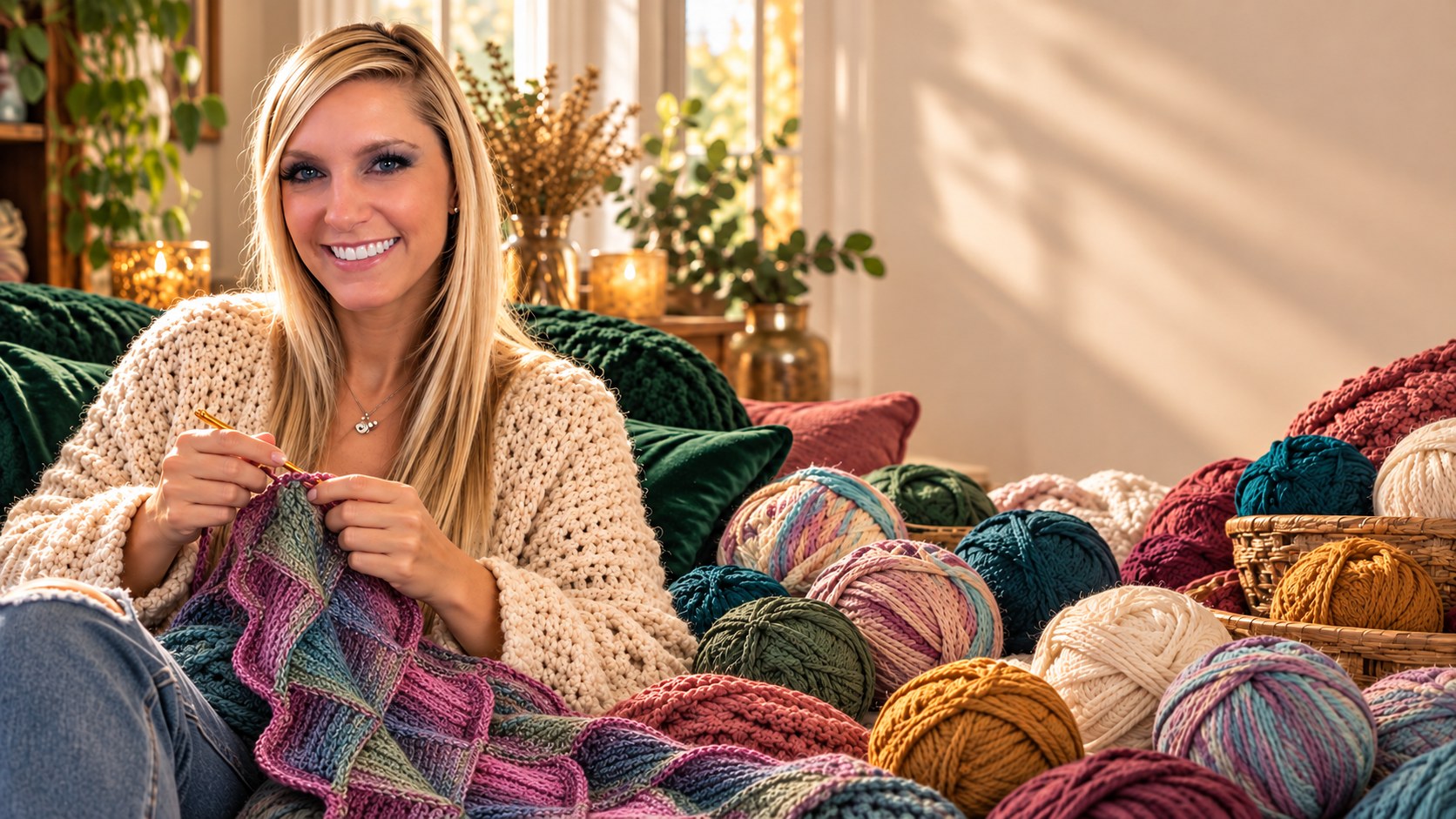 Erika crocheting a wave scarf in a sunlit studio surrounded by yarn